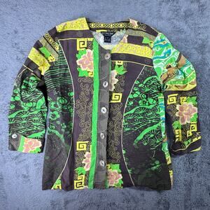 Citron Santa Monica Silk Linen Asian Patchwork Button Front Shirt Tunic Top S